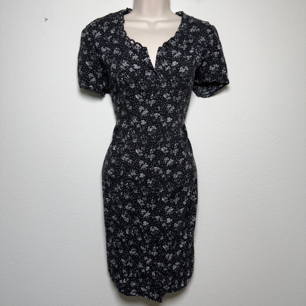 VTG 90s Women Whimsigoth Mini Dress M Black Floral‎ Lace Up Back Indie Grunge